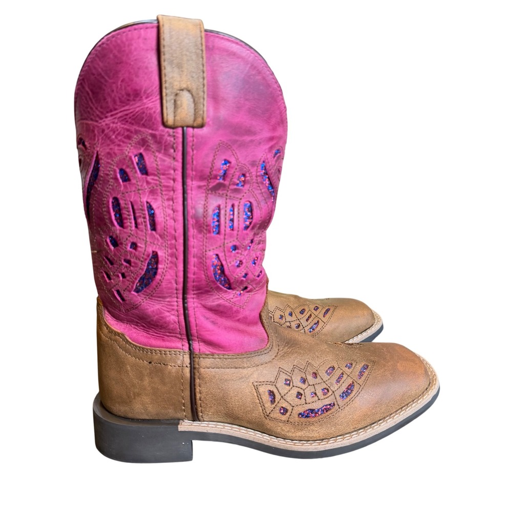 Shyanne Kids Brown Pink Leather Glitter Cut-Out Western Cowboy Boots Size 4 D